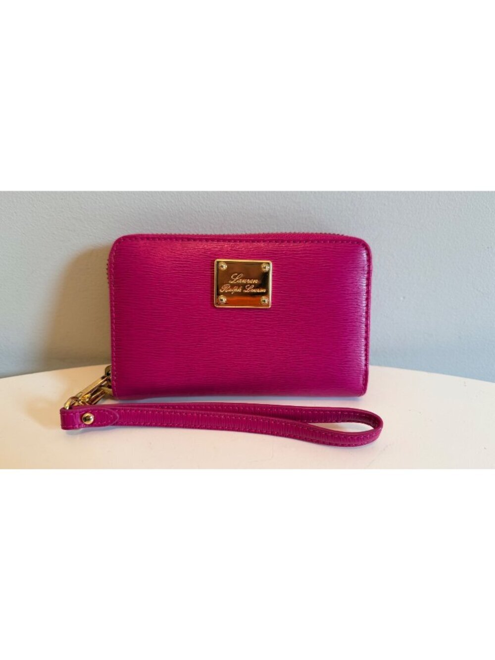Lauren Ralph Lauren Pink Leather Wristlet Zip Around Wallet With Gold Hardware